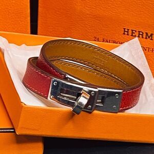 Hermes Red Leather Kelly Double Tour Bracelet with Silver Hardware Authentic